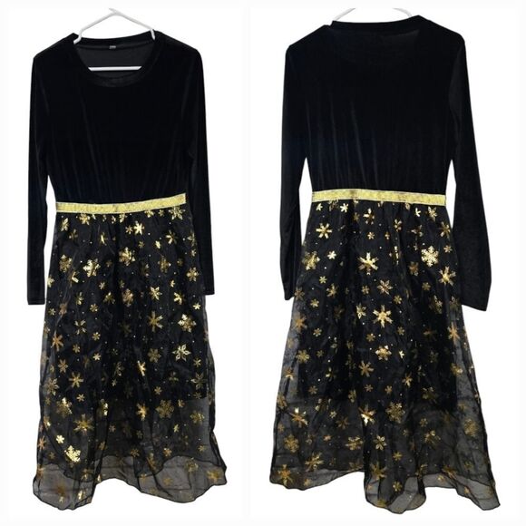 Big Girls Black Velvet & Gold Snowflake Tulle Holiday Dress Fit & Flare Festive - Picture 3 of 10